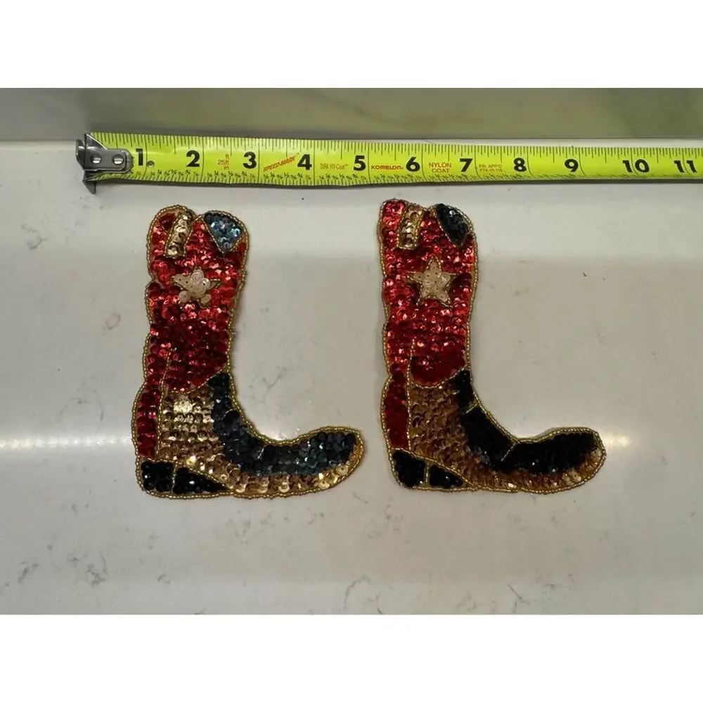Vintage Cowboy Boot Red, Blue Gold Sequin Beaded Patch Appliqué